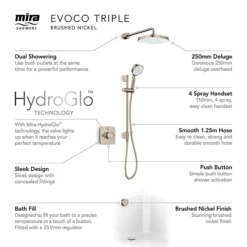 Mira Evoco Triple Outlet Brushed Nickel Thermostatic Mixer Shower With Bathfill