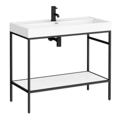 Arezzo 1000 Matt Black Framed Washstand With Gloss White Open Shelf And Basin -Villeroy Shop az10bfpm n d1 1