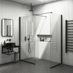 Arezzo Square Matt Black Frameless 10mm Wetroom Screen With Wall Mounted Arm -Villeroy Shop az10mbwa d3