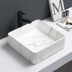 Arezzo 405 X 405mm Square Counter Top Basin - Matt White Marble Effect