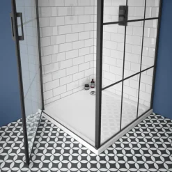 Arezzo 700 X 700 Matt Black Grid Frameless Pivot Door Shower Enclosure + Tray -Villeroy Shop az7pdet nd1