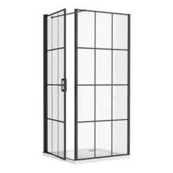 Arezzo 700 X 700 Matt Black Grid Frameless Pivot Door Shower Enclosure + Tray -Villeroy Shop az7pdet nd4