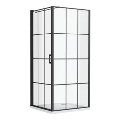 Arezzo 900 X 900 Matt Black Grid Frameless Pivot Door Shower Enclosure + Tray