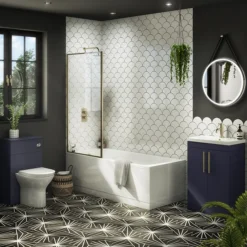 Arezzo Straight Square Shower Bath W. Brushed Brass Framed Fixed Screen