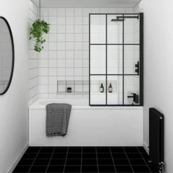 Arezzo Matt Black Grid Bath Screen With Curved Single Ended Bath