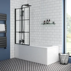 Arezzo Matt Black Grid Bath Screen With Curved Single Ended Bath -Villeroy Shop azbgrb nd3
