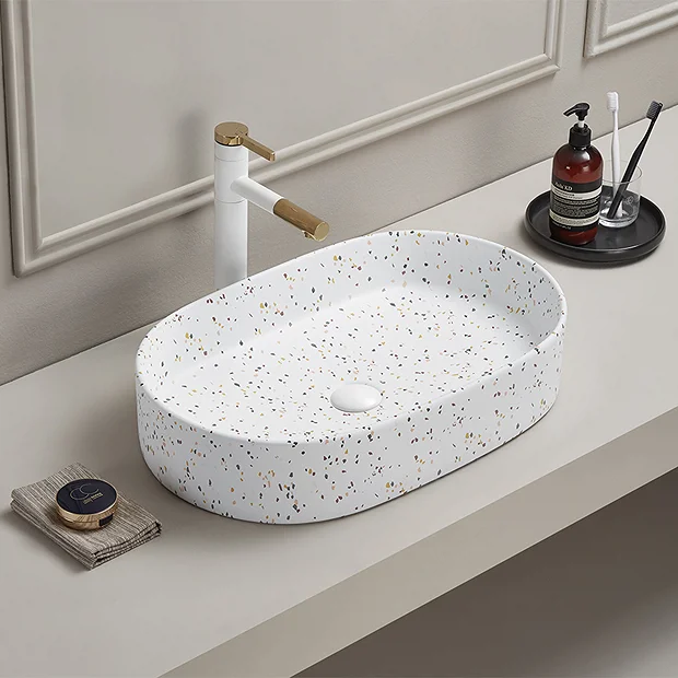 Arezzo 600 X 380mm White Terrazzo Effect Oval Countertop Basin 1 Arezzo 600 X 380mm White Terrazzo Effect Oval Countertop Basin