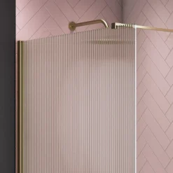 Arezzo Fluted Glass Brushed Brass Profile Wetroom Screen + Square Support Arm -Villeroy Shop azfgbb d2