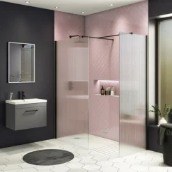 Arezzo Fluted Glass Matt Black Profile Wetroom Screen + Square Support Arm