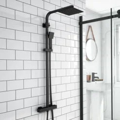 Arezzo Square Matt Black Shower Bath + Exposed Shower Pack (1700 L Shaped With Screen + Panel) -Villeroy Shop azl17pak d2