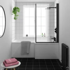 Arezzo Square Matt Black Shower Bath + Exposed Shower Pack (1700 L Shaped With Screen + Panel) -Villeroy Shop azl17pak d3