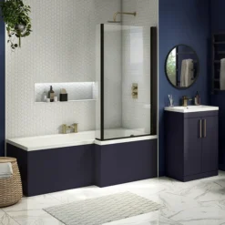Arezzo Shower Bath - 1700mm L Shaped With Matt Black Screen + Matt Blue Panel