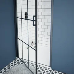 Arezzo 800mm Matt Black Grid Frameless Pivot Shower Door + Tray For Recess -Villeroy Shop azmbpd85 d4