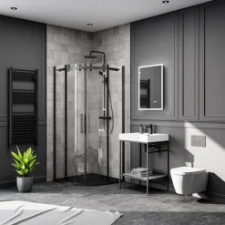 Arezzo Matt Black 800 X 800mm Frameless Quadrant Shower Enclosure With Black Tray