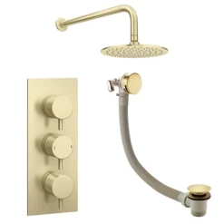 Arezzo Round Brushed Brass 2 Outlet Shower System (Fixed Shower Head + Overflow Bath Filler)