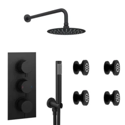 Arezzo Matt Black Round Concealed Triple Shower Valve With Diverter, Handset, Fixed Shower Head + 4 Body Jets