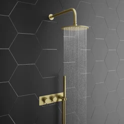 Arezzo Brushed Brass Round Wall Mounted Thermostatic Shower Valve With Handset