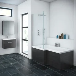 Brooklyn Black Shower Bath - 1700mm L Shaped Incl. Screen + Panel