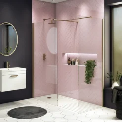 Arezzo 1950mm Brushed Brass Profile Wetroom Screen + Square Support Arm -Villeroy Shop bbwsnd1