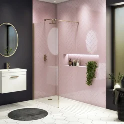 Arezzo 1950mm Brushed Brass Profile Wetroom Screen + Square Support Arm -Villeroy Shop bbwsnd2