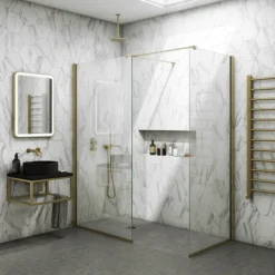 Arezzo Square Brushed Brass Frameless 10mm Wetroom Screen With Wall Mounted Arm -Villeroy Shop gt2x24whi dt4