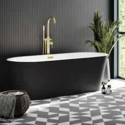 Brooklyn Matt Black Exterior 1700 X 800mm Double Ended Freestanding Bath With Brushed Brass Waste