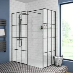 Arezzo 1950mm Matt Black Grid Wetroom Screen + Support Arm -Villeroy Shop mbg d1