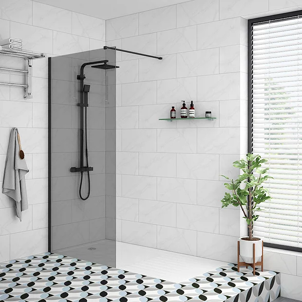 Arezzo 1900mm Grey Tinted Glass Wetroom Screen Inc. Matt Black Profile + Support Arm 1 Arezzo 1900mm Grey Tinted Glass Wetroom Screen Inc. Matt Black Profile + Support Arm