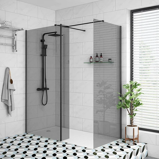 Arezzo 1900mm Grey Tinted Glass Wetroom Screen Inc. Matt Black Profile + Support Arm 2 Arezzo 1900mm Grey Tinted Glass Wetroom Screen Inc. Matt Black Profile + Support Arm - Image 2