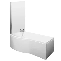 Cruze Curved Shower Bath (1500mm With Screen + Acrylic Panel) -Villeroy Shop premier1500mmbshapedshowerbathwithacrylicfrontpanelcurvedscreendetail1