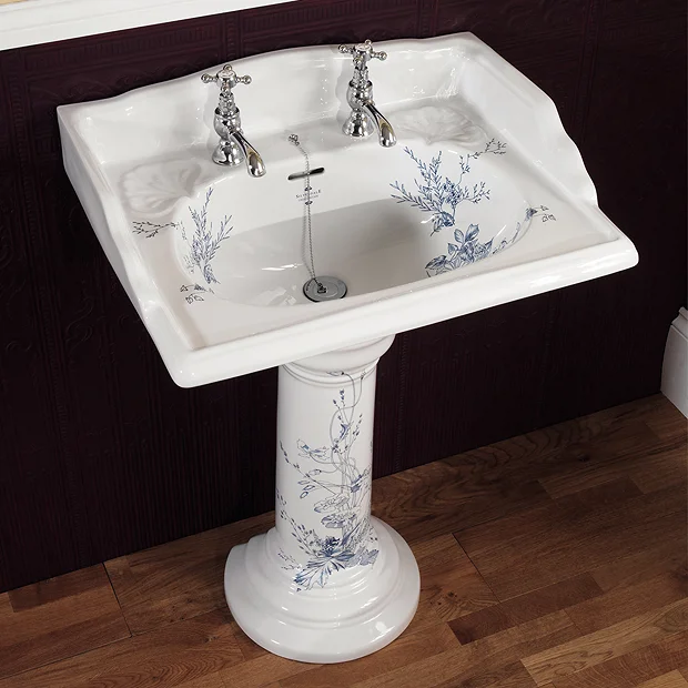 Silverdale Victorian Blue Garden Pattern 635mm Wide Basin With Full Pedestal 2 Silverdale Victorian Blue Garden Pattern 635mm Wide Basin With Full Pedestal - Image 2