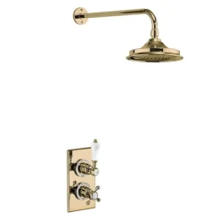 Burlington Trent Gold Thermostatic Concealed Single Outlet Shower Valve With 9" Fixed Head