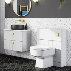 Venice Abstract White Complete Toilet Unit W. Pan, Cistern + Brushed Brass Flush