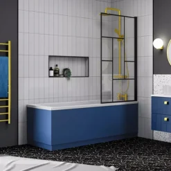 Venice Abstract Matt Black Grid Screen W. Single Ended Bath + Satin Blue Panel -Villeroy Shop vabgsbb d4