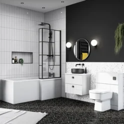 Venice Shower Bath - 1700 L Shaped W. Matt Black Abstract Grid Screen + Satin White Panel
