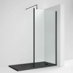 Venice Matt Black Outer Framed 8mm Wetroom Screen With Support Arm (1950mm High) - Various Sizes